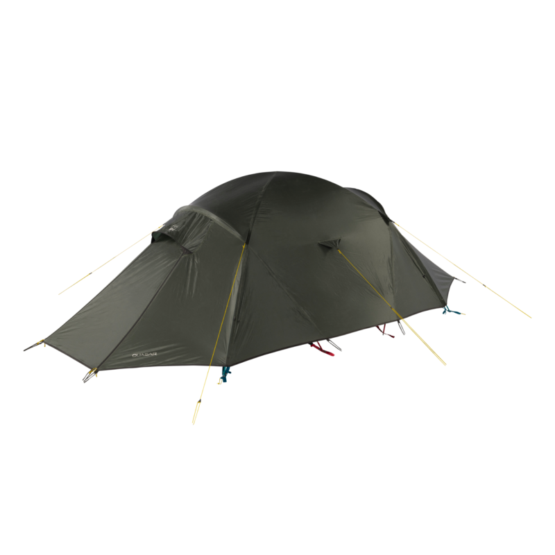 17_TN_Quasar_04-3.webp Low-profile olive-green dome tent with taut yellow guy lines, sloping vestibules at each end and coloured tension straps, shown against a white background.