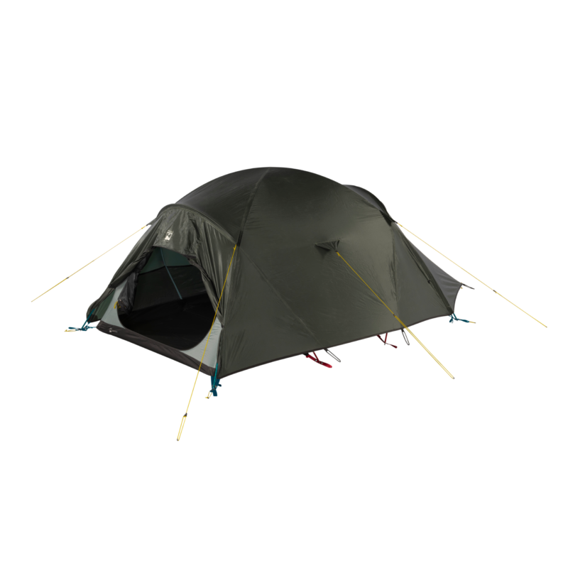 17_TN_Quasar_07-3.webp Dark green dome camping tent pitched with yellow guy lines and pegs, front door partially open to show a mesh inner compartment, isolated on a white background.