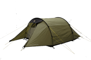2-1-3.png Olive-green tunnel-style camping tent with black trim and bright yellow guy lines, an open front vestibule showing the inner sleeping area and the label "Hoolie Compact 3" on the lower corner.