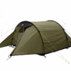 Olive-green tunnel-style camping tent with black trim and bright yellow guy lines, an open front vestibule showing the inner sleeping area and the label "Hoolie Compact 3" on the lower corner.