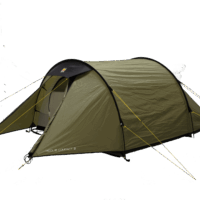 Olive-green tunnel-style camping tent with black trim and bright yellow guy lines, an open front vestibule showing the inner sleeping area and the label "Hoolie Compact 3" on the lower corner.