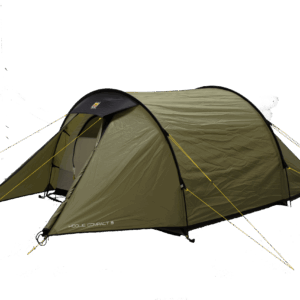 2-1-3.png Olive-green tunnel-style camping tent with black trim and bright yellow guy lines, an open front vestibule showing the inner sleeping area and the label "Hoolie Compact 3" on the lower corner.
