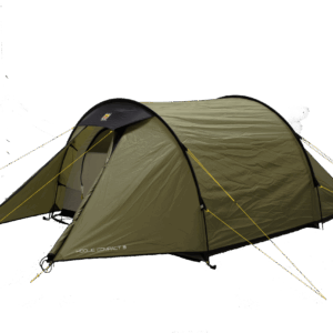 2-1-3.png Olive-green tunnel-style camping tent with black trim and bright yellow guy lines, an open front vestibule showing the inner sleeping area and the label "Hoolie Compact 3" on the lower corner.