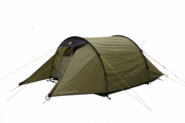 Olive-green tunnel-style camping tent with black trim and bright yellow guy lines, an open front vestibule showing the inner sleeping area and the label "Hoolie Compact 3" on the lower corner.