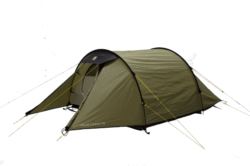Olive-green tunnel-style camping tent with black trim and bright yellow guy lines, an open front vestibule showing the inner sleeping area and the label "Hoolie Compact 3" on the lower corner.