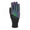 21MRG-Maze-Runner-Glove-Back-Glow-1500x1500px-1.jpg Black glove shown flat on a white background with a fitted wrist cuff, decorated on the back of the hand and fingers by an iridescent green‑blue‑purple hexagonal honeycomb pattern and a small "extremities" logo above the wrist.