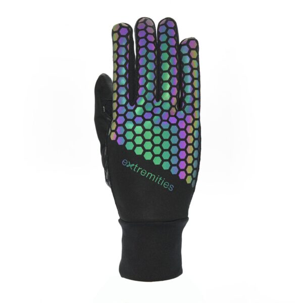 21MRG-Maze-Runner-Glove-Back-Glow-1500x1500px-1.jpg Black glove shown flat on a white background with a fitted wrist cuff, decorated on the back of the hand and fingers by an iridescent green‑blue‑purple hexagonal honeycomb pattern and a small "extremities" logo above the wrist.