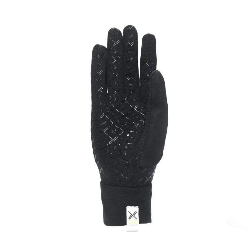Black glove with raised cross-pattern grip across the fingers and palm, reinforced suede-like thumb panel, touchscreen-friendly index fingertip and a white brand tag on the cuff, isolated on a white background.