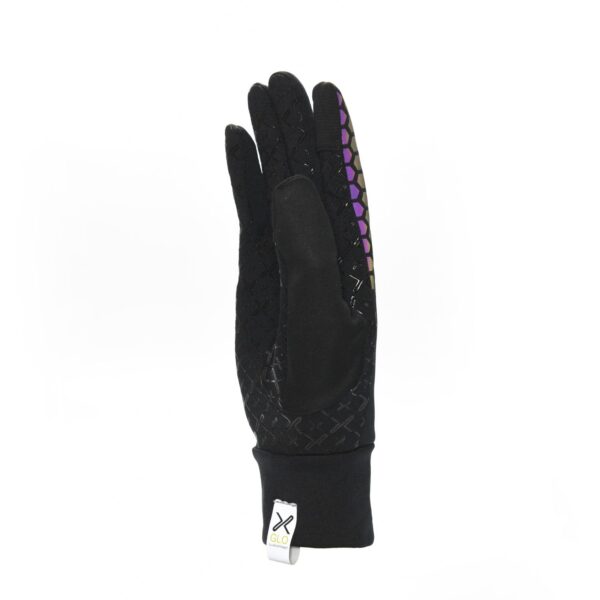 21MRG-Maze-Runner-Glove-Side-1500x1500px-1.jpg Black right-hand glove with textured crosshatch grip and suede palm patch, iridescent purple honeycomb accents along the index finger and an elastic cuff with a white logo tag on a plain white background.
