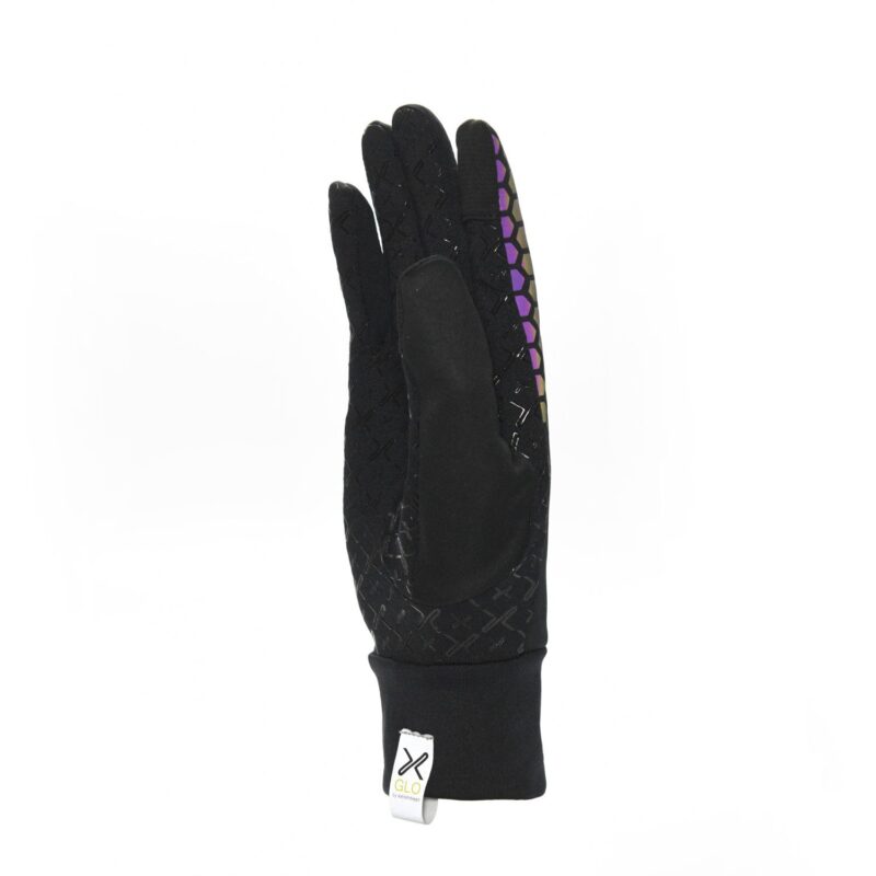 Black right-hand glove with textured crosshatch grip and suede palm patch, iridescent purple honeycomb accents along the index finger and an elastic cuff with a white logo tag on a plain white background.