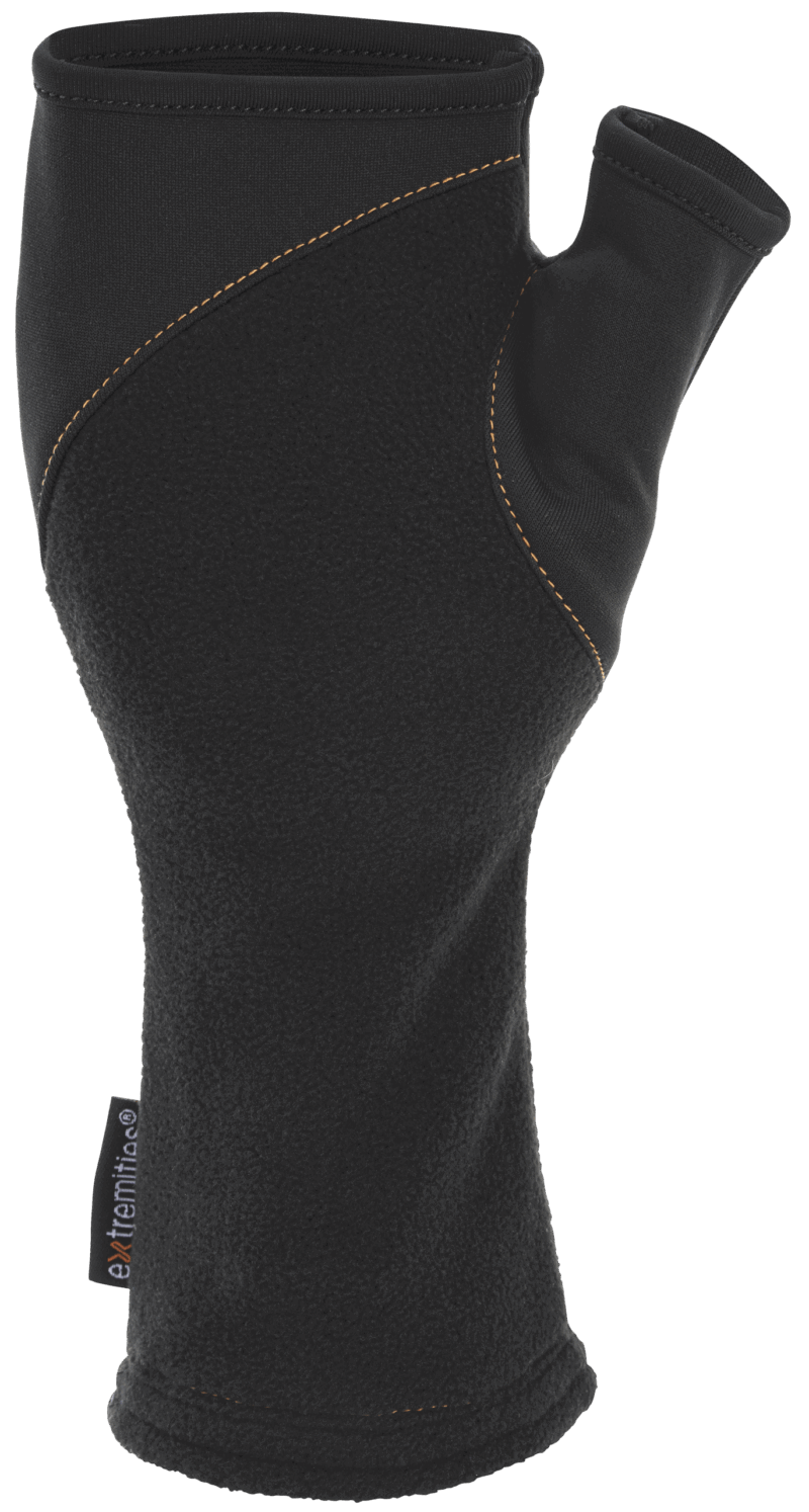 21PLG-Power-Liner-Wrist-Gaiter-Black-Palm-1.png Black wrist-length fleece fingerless glove with a short thumb sheath, curved orange contrast stitching and a small branded fabric tag at the cuff