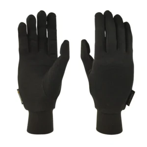 Pair of black knit gloves displayed palm and back on a white background, featuring five fingers, ribbed wrist cuffs and small brand tags at the sides.