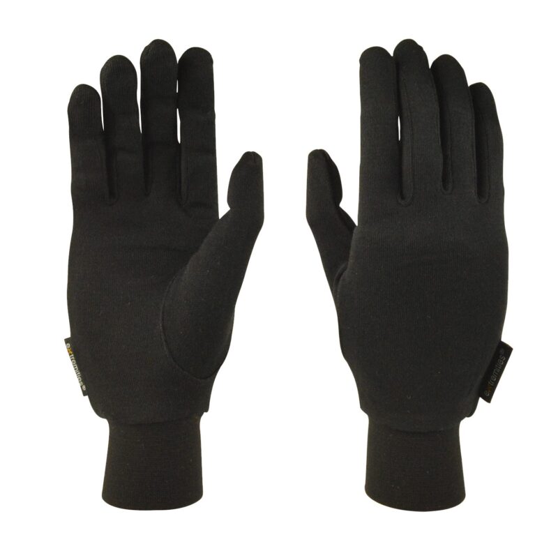 21SLG-Silk-Liner-Glove-back-and-palm-3.jpg Pair of black knit gloves displayed palm and back on a white background, featuring five fingers, ribbed wrist cuffs and small brand tags at the sides.