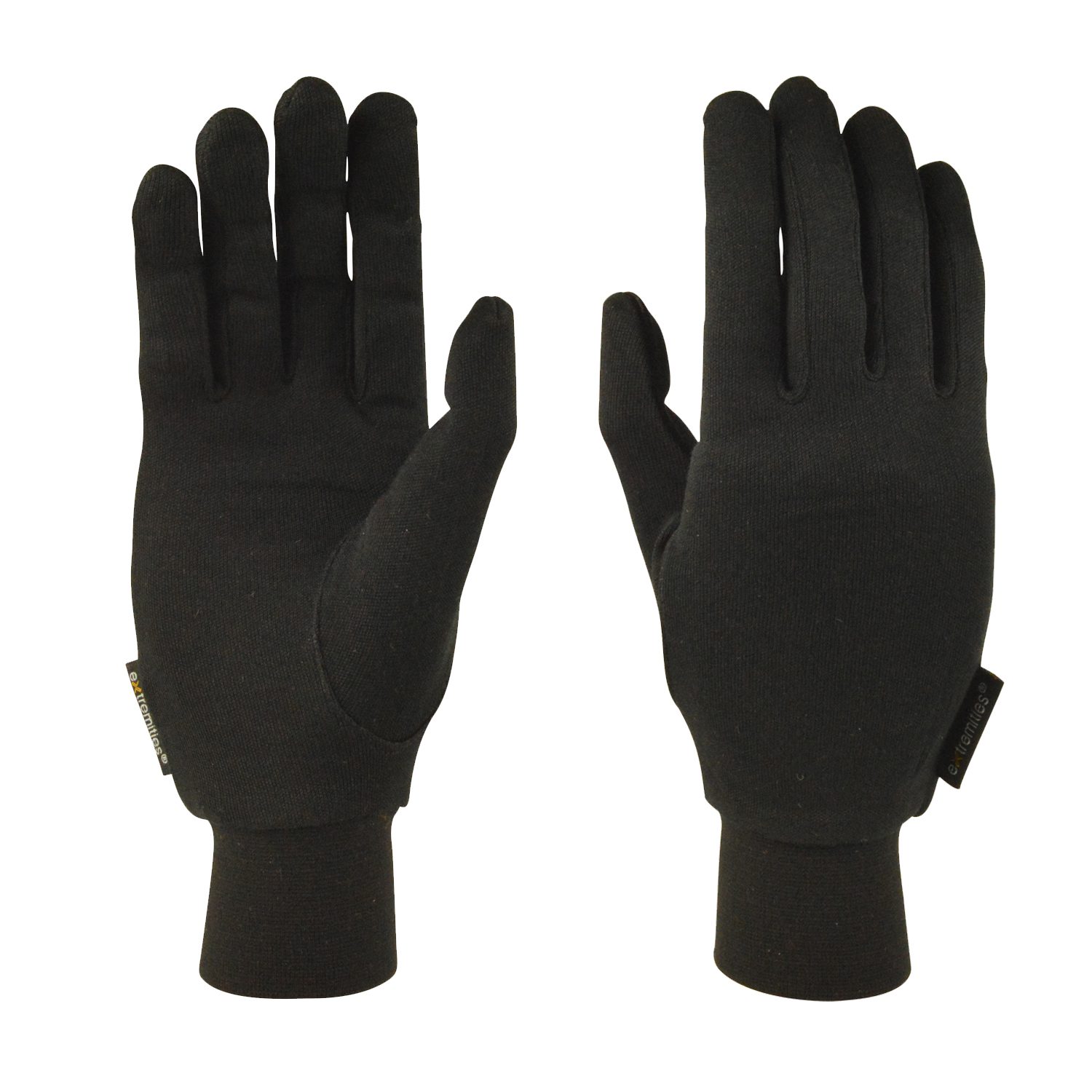 Pair of black knit gloves displayed palm and back on a white background, featuring five fingers, ribbed wrist cuffs and small brand tags at the sides.