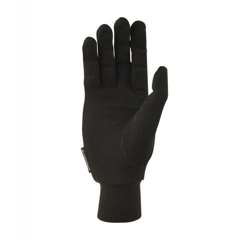 21SLG-Silk-Liner-Glove-palm-hi-res-4000x4000-1-scaled-4.jpg Black insulated five-finger glove shown palm-up on a white background, with a reinforced thumb patch, elasticated knit wrist cuff and a small brand tag at the side.
