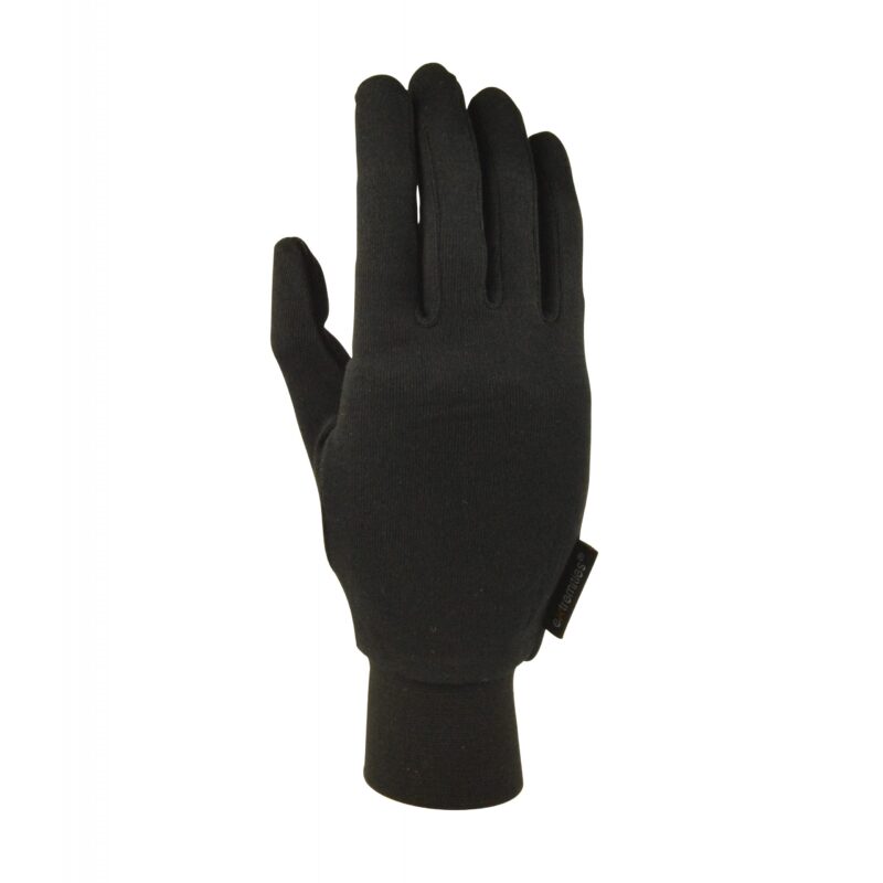 21SLG-Silk-Liner-glove-back-hi-res-4000x4000-1-scaled-4.jpg Single black fabric glove with close-fitting fingers, elasticated wrist cuff and small side tag, shown flat on a white background