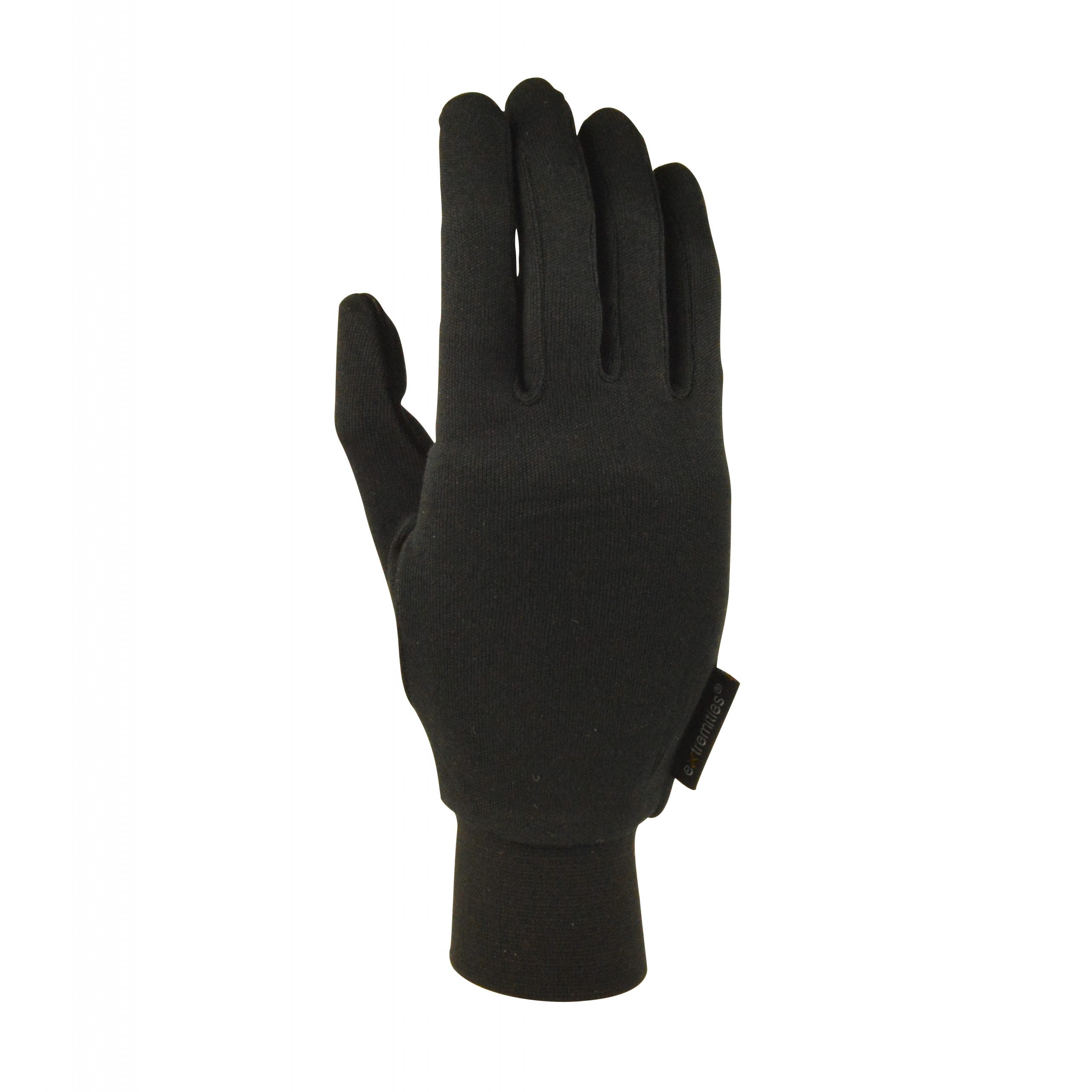 Single black fabric glove with close-fitting fingers, elasticated wrist cuff and small side tag, shown flat on a white background