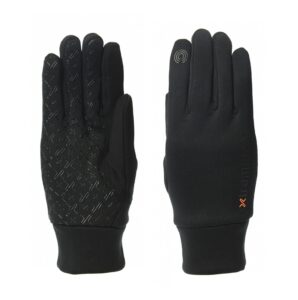 Pair of slim black gloves shown palm and back; left glove displays a textured silicone grip pattern on the palm, right glove shows the back with a touchscreen-compatible icon on the index finger and small orange branding near the wrist.