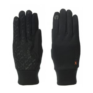 21SPG-Sticky-Power-Liner-Glove-front-and-back-1500px-3.jpg Pair of slim black gloves shown palm and back; left glove displays a textured silicone grip pattern on the palm, right glove shows the back with a touchscreen-compatible icon on the index finger and small orange branding near the wrist.