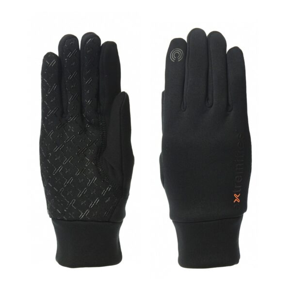 21SPG-Sticky-Power-Liner-Glove-front-and-back-1500px-3.jpg Pair of slim black gloves shown palm and back; left glove displays a textured silicone grip pattern on the palm, right glove shows the back with a touchscreen-compatible icon on the index finger and small orange branding near the wrist.