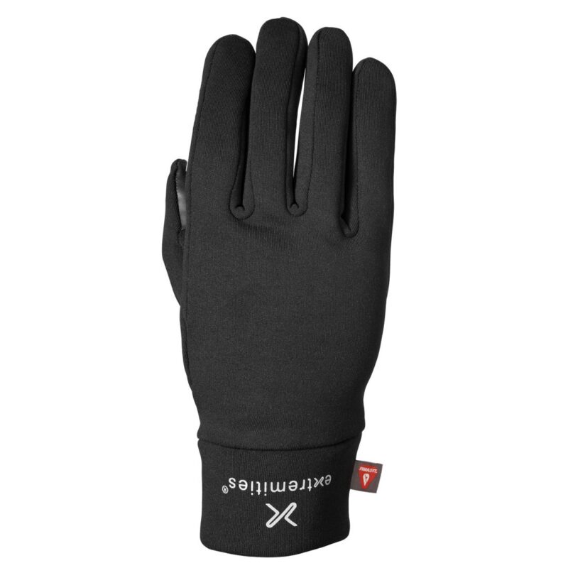 21SPRG-Sticky-Primaloft-Glove-Back-300dpi-1.jpg Black insulated glove laid flat with fingers pointing up, smooth fabric back, white 'extremities' logo and stylised X on the cuff and a small red brand tag at the wrist.