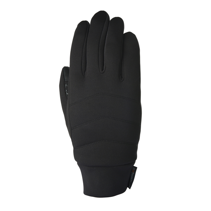 21STG-Super-Thicky-Glove-Back-300dpi-1.jpg Black insulated glove laid flat with the back facing up, subtle horizontal quilting stitches across the hand and a short elasticated cuff with a small fabric tag
