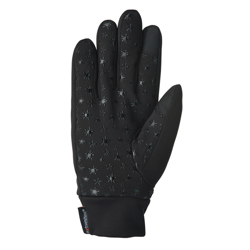 21STG-Super-Thicky-Glove-Palm-300dpi-1.jpg Black insulated glove shown palm-up with scattered silicone star-shaped grip dots across the fingers and palm, a reinforced thumb panel, and a short elasticated cuff with a small fabric brand tag
