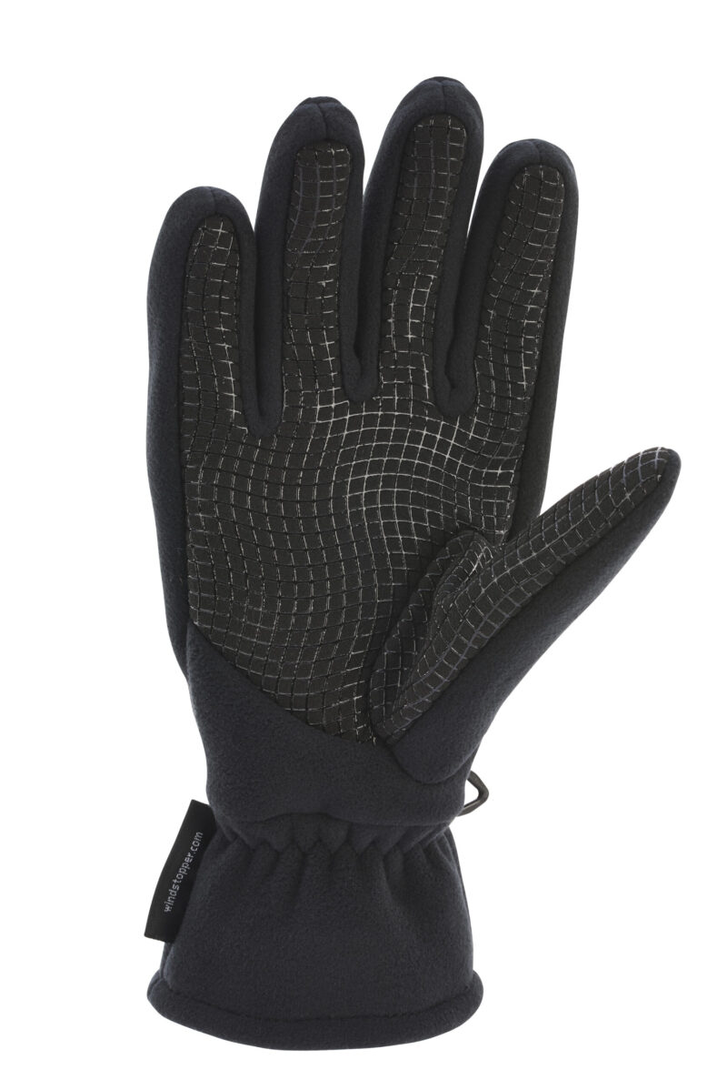 21SW-Sticky-Windy-Glove-Palm-scaled-2.jpg Single black fleece winter glove shown palm-up with a textured rubber grid grip across the palm, fingers and thumb and an elasticated wrist cuff.