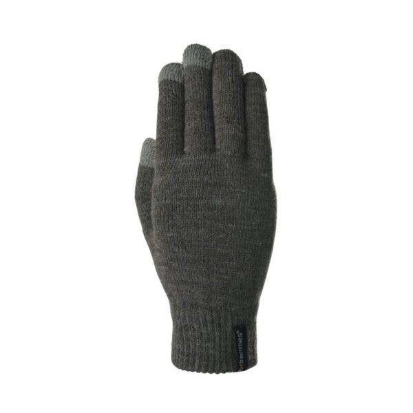 21TMG-Thinny-Touch-Glove-Charcoal-Back-300dpi-3.jpg Dark grey knitted right-hand glove with a ribbed cuff and small black brand tag, featuring slightly lighter touchscreen-compatible tips on the thumb and index finger, isolated on a white background