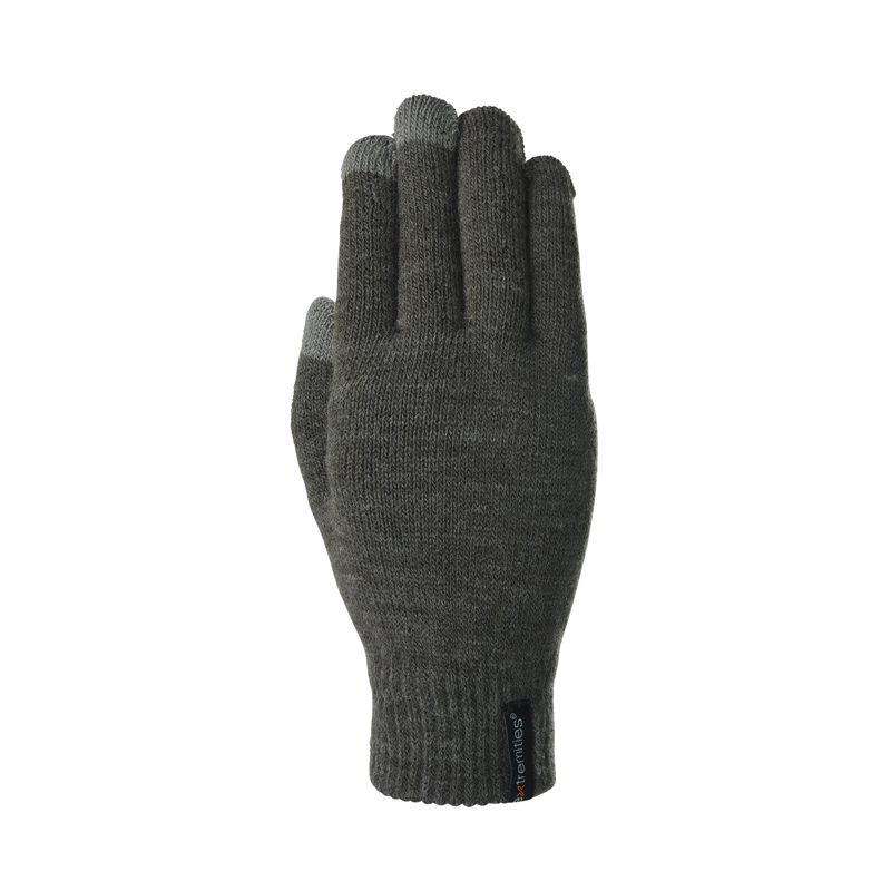 21TMG-Thinny-Touch-Glove-Charcoal-Back-300dpi-3.jpg Dark grey knitted right-hand glove with a ribbed cuff and small black brand tag, featuring slightly lighter touchscreen-compatible tips on the thumb and index finger, isolated on a white background