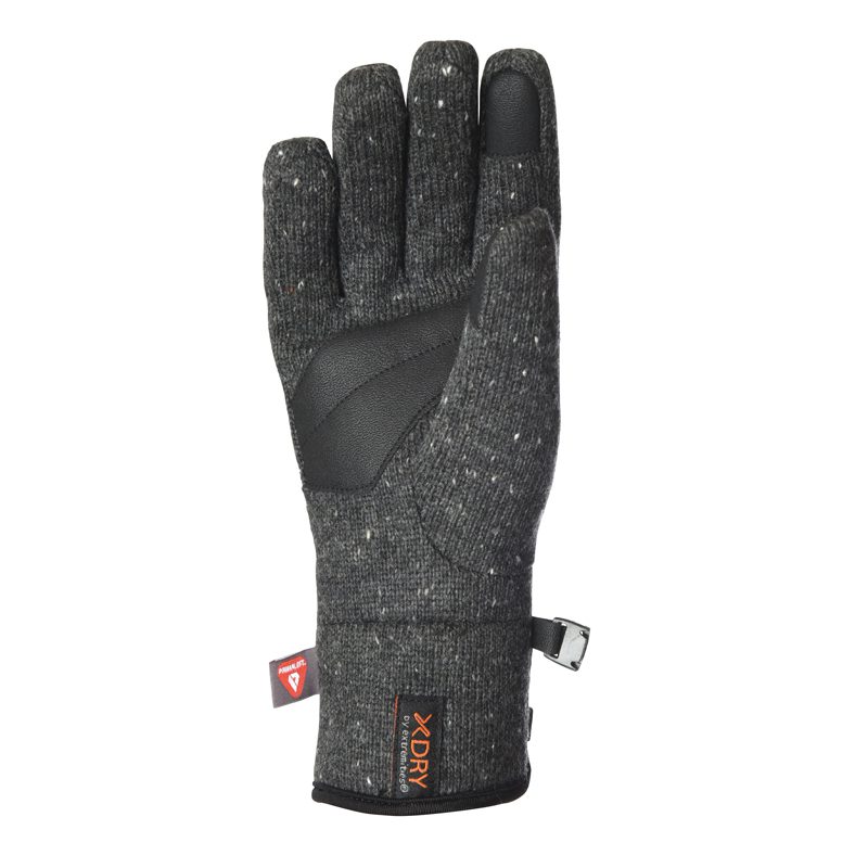 22FUGP-Furnace-Pro-Glove-Palm-72dpi-3.jpg Dark grey speckled knit glove shown palm-up with black textured palm reinforcements, a touchscreen-compatible black tip on the index finger, an adjustable side strap and an orange XDRY label on the cuff.