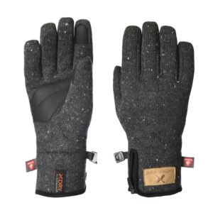 22FUGP-Furnace-Pro-Glove-Palm-and-Back-300dpi-3.jpg Pair of dark grey speckled knit winter gloves — one showing a black synthetic-leather reinforced palm with a touchscreen-capable fingertip and XDRY cuff tag, the other showing the back with a small zip pocket and a tan brand patch.