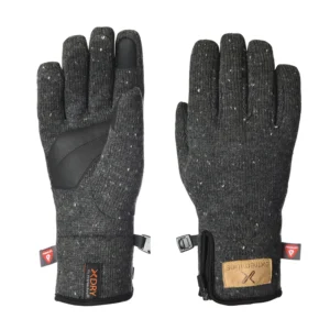 Pair of dark grey speckled knit winter gloves — one showing a black synthetic-leather reinforced palm with a touchscreen-capable fingertip and XDRY cuff tag, the other showing the back with a small zip pocket and a tan brand patch.