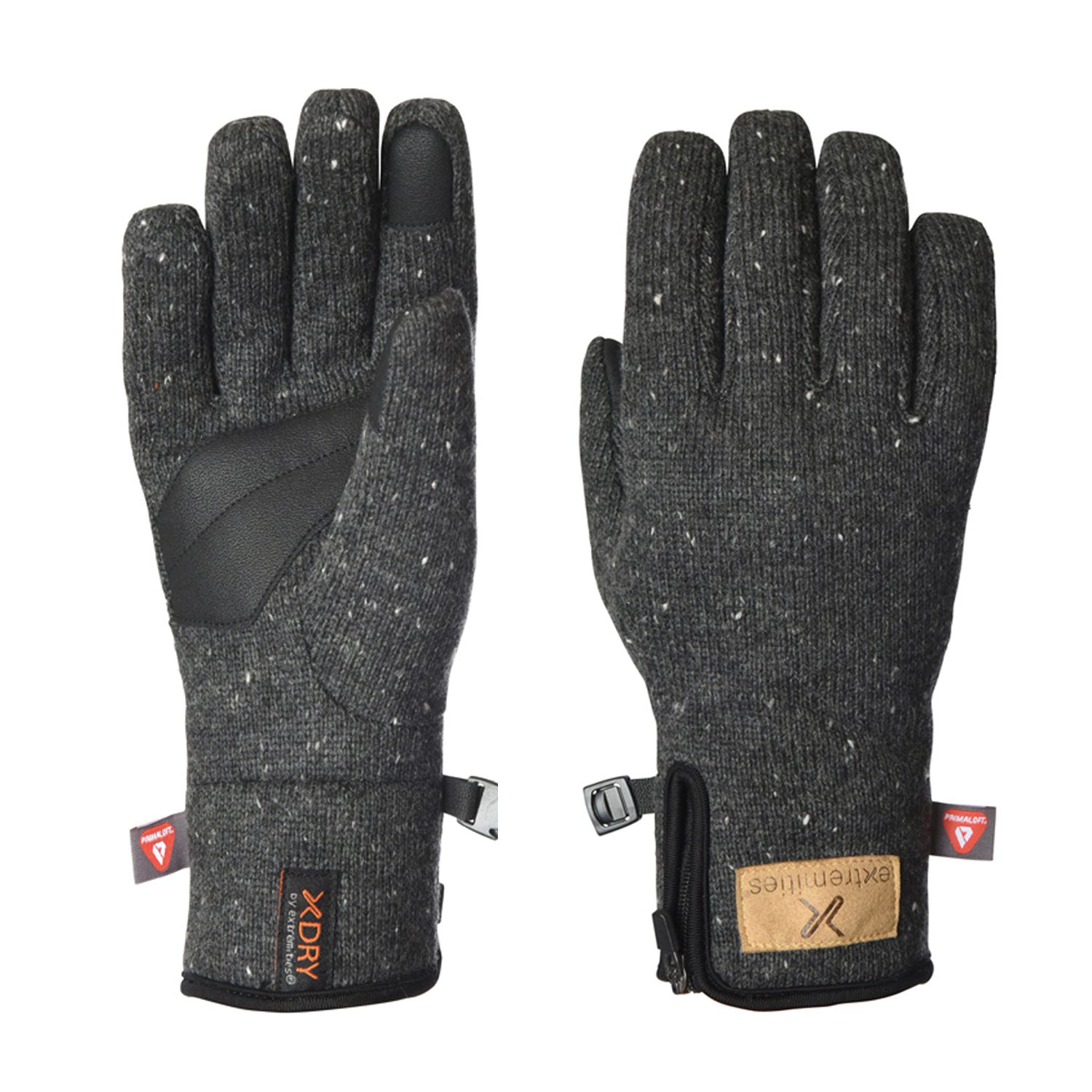 Pair of dark grey speckled knit winter gloves — one showing a black synthetic-leather reinforced palm with a touchscreen-capable fingertip and XDRY cuff tag, the other showing the back with a small zip pocket and a tan brand patch.