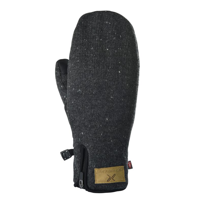 22FUMP-Furnace-Pro-Mitt-Back-300dpi-3.jpg Single dark grey flecked knit mitten with a zipped cuff, small black buckle and tan leather logo patch, photographed on a white background.