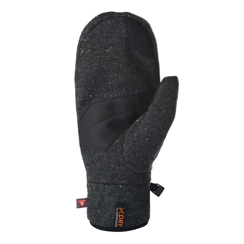 22FUMP-Furnace-Pro-Mitt-Palm-300dpi-3.jpg Dark charcoal knitted mitten with a black synthetic palm patch and thumb, elasticated cuff bearing an orange X-DRY tag and small red label, shown against a white background.