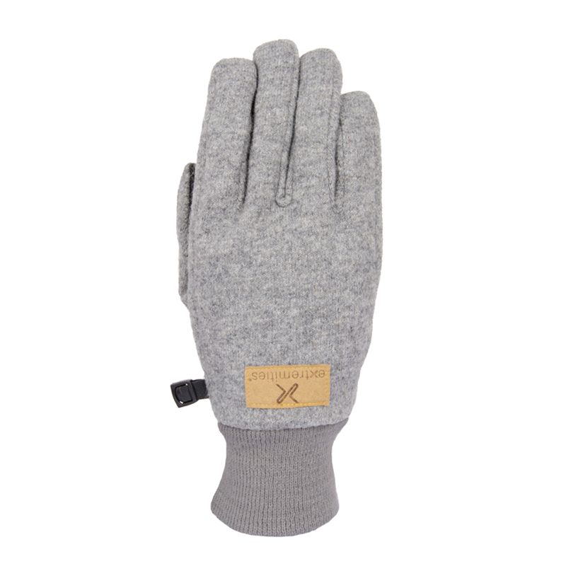 22IGG-Igneous-Glove-Back-300dpi-1.jpg Grey wool-blend glove with a ribbed cuff, small tan leather brand patch near the wrist and a black plastic clip on the side