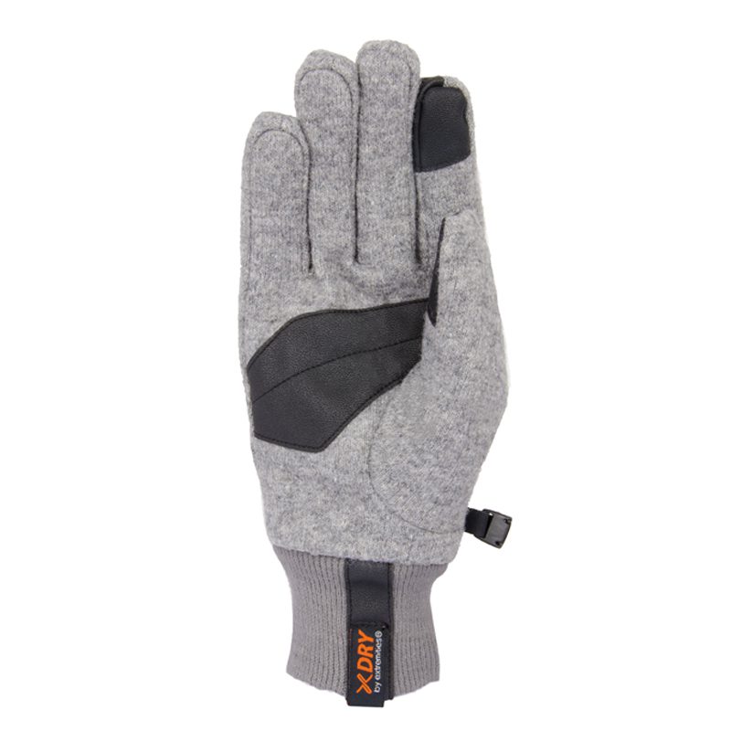 22IGG-Igneous-Glove-Palm-300dpi-1.jpg Palm-up grey wool-style winter glove with black synthetic grip patches across the palm and index fingertip, ribbed cuff with a black tab bearing orange XDRY branding and a small side clip.