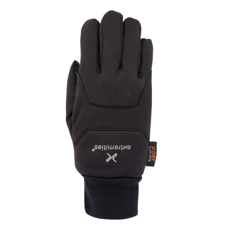 Single black insulated glove shown palm down with stitched panels, knitted elastic wrist cuff, grey Extremities logo and a small XDRY fabric tag