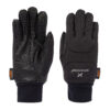 Pair of black insulated gloves laid flat, left glove showing a grey grid-patterned non-slip palm and elastic wrist cuff, right glove showing a smooth stitched back with a small brand tag.