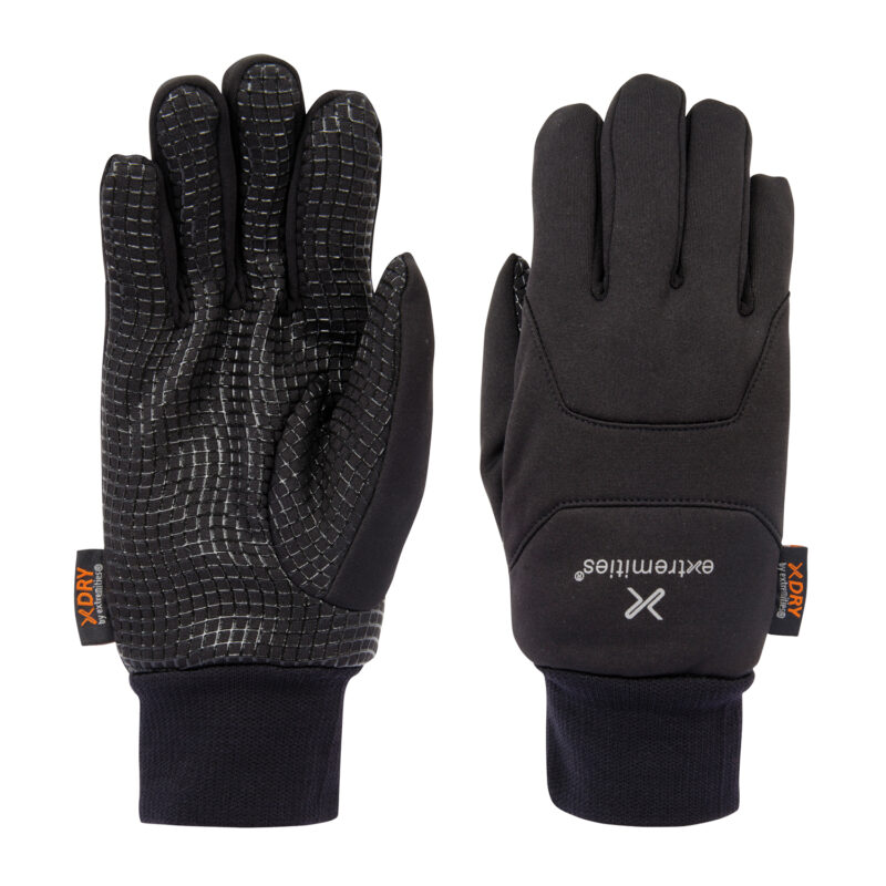 Pair of black insulated gloves laid flat, left glove showing a grey grid-patterned non-slip palm and elastic wrist cuff, right glove showing a smooth stitched back with a small brand tag.
