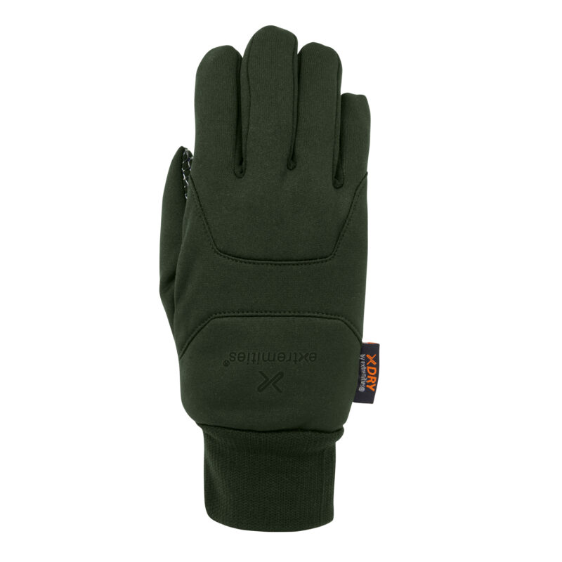 Dark olive-green insulated glove shown palm-down with stitched paneling, ribbed wrist cuff and a small black XDRY tag on the side.
