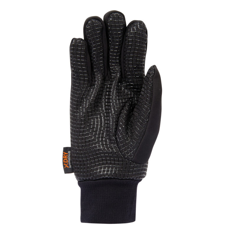 Black left-hand glove shown palm-up with a raised square-grid grip pattern, neoprene thumb panel, ribbed elastic wrist cuff and a small orange XDRY tag