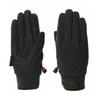 Pair of black winter gloves laid flat—left glove palm-up showing a grey grid grip pattern, red stitching and a small red pull loop, right glove back-up with smooth black fabric and a Velcro wrist strap.