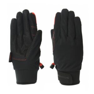 22LWGG-LIGHTWEIGHT-GUIDE-GLOVE-palm-and-back-1500px-square-1.jpg Pair of black winter gloves laid flat—left glove palm-up showing a grey grid grip pattern, red stitching and a small red pull loop, right glove back-up with smooth black fabric and a Velcro wrist strap.