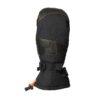 Tall black insulated mitten with leather-look panels and orange contrast stitching, embossed X logo, adjustable webbing wrist strap with buckle and an orange drawcord at the gauntlet