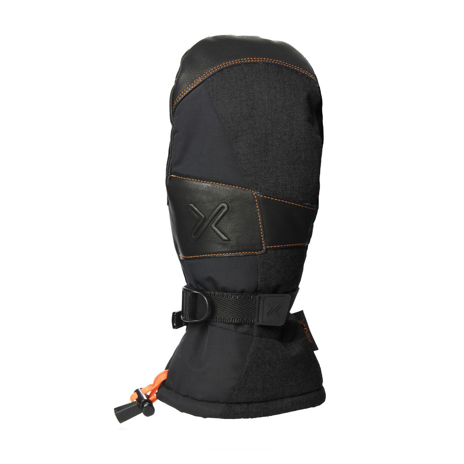 Tall black insulated mitten with leather-look panels and orange contrast stitching, embossed X logo, adjustable webbing wrist strap with buckle and an orange drawcord at the gauntlet