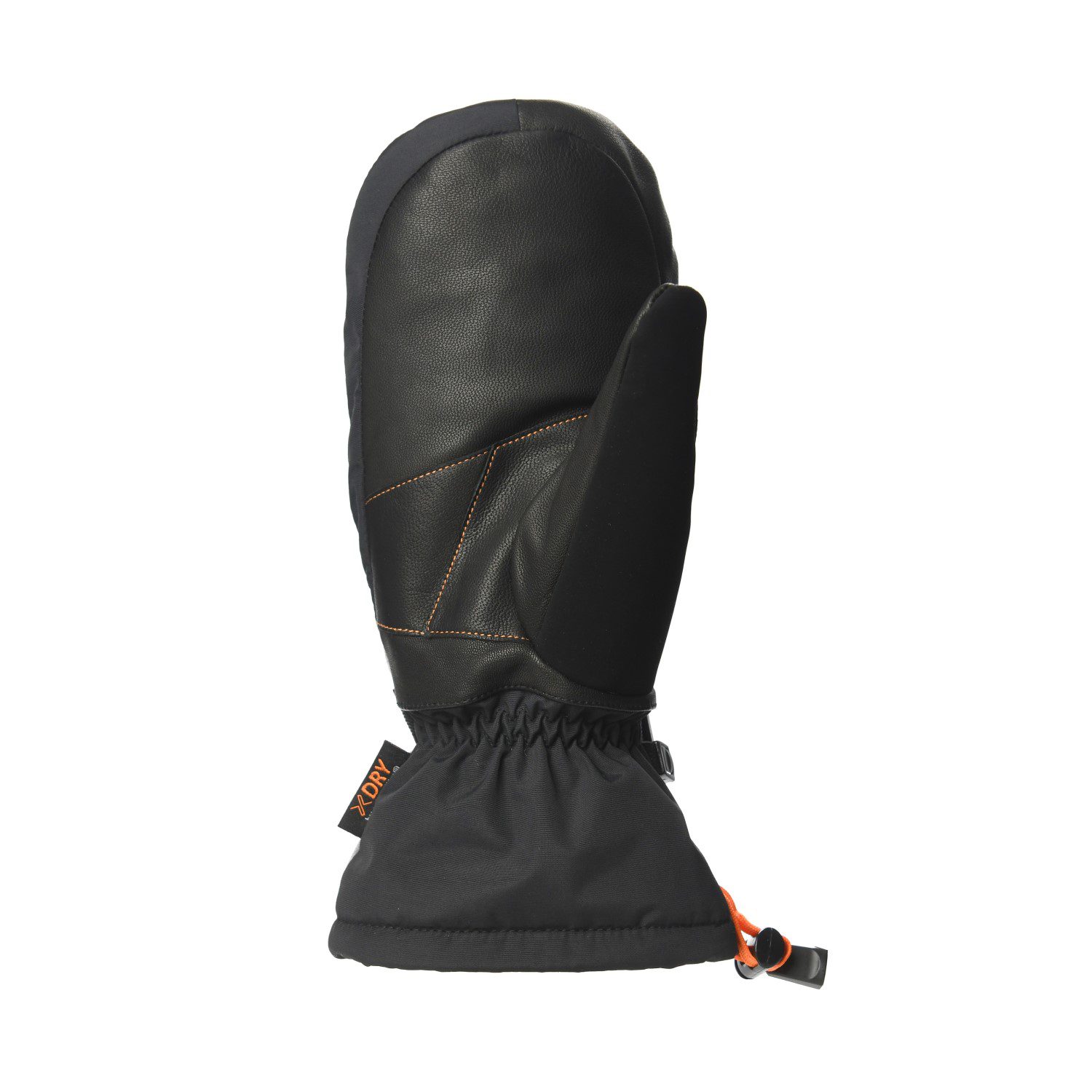 Black insulated winter mitten with a leather palm, orange contrast stitching, elasticated gauntlet cuff and orange drawcord toggle, shown palm-side up on a white background