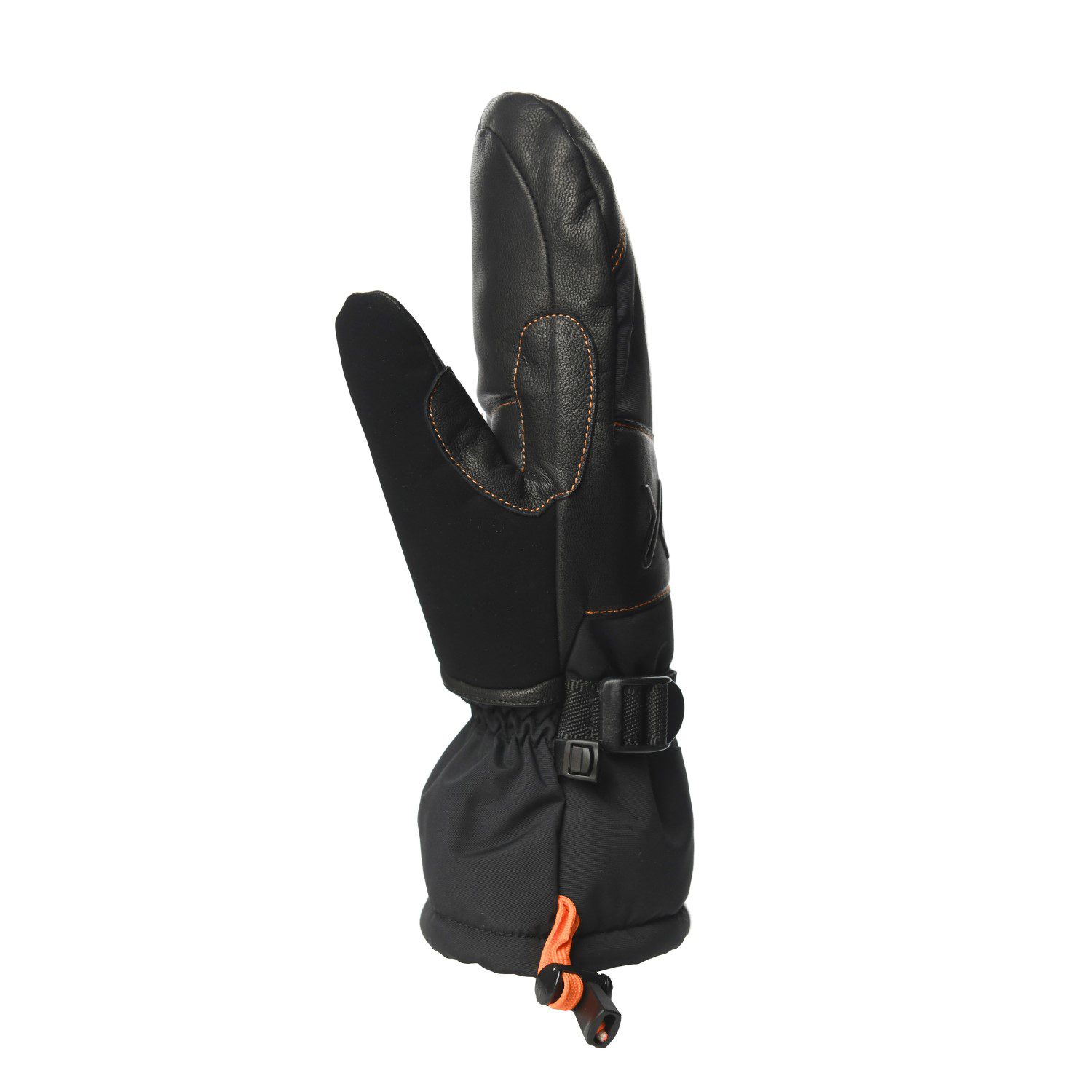 Black three-finger winter mitten with leather palm and orange contrast stitching, adjustable wrist strap and elasticised gauntlet cuff with orange drawcord