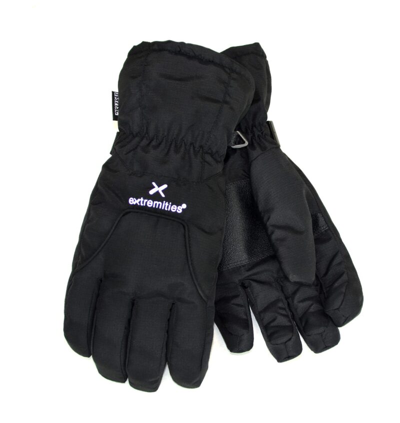 22SGGTX-storm-glove-1500x1500-1-1.jpg Pair of black insulated winter gloves with elasticated cuffs and a visible extremities logo on a white background